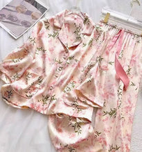 Load image into Gallery viewer, Pink Floral Satin Pajama Set – Premium Ice Silk Feel with Pockets