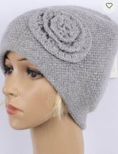Load image into Gallery viewer, Head Start warm flower trim wool/angora blend knit hat grey STYLE : HS6107/ Grey or White