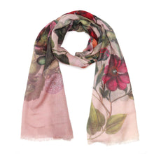 Load image into Gallery viewer, Botanical Bloom Scarf – Merino Wool Silk Wrap | Vintage-Inspired Magenta Flowers on Soft Blush Pink