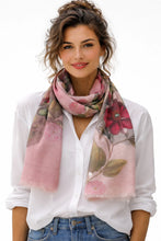Load image into Gallery viewer, Botanical Bloom Scarf – Merino Wool Silk Wrap | Vintage-Inspired Magenta Flowers on Soft Blush Pink