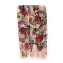 Load image into Gallery viewer, Botanical Bloom Scarf – Merino Wool Silk Wrap | Vintage-Inspired Magenta Flowers on Soft Blush Pink