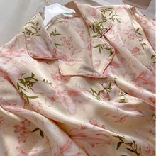 Load image into Gallery viewer, Pink Floral Satin Pajama Set – Premium Ice Silk Feel with Pockets