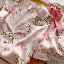 Load image into Gallery viewer, Pink Floral Satin Pajama Set – Premium Ice Silk Feel with Pockets