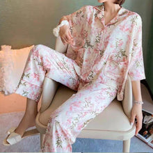 Load image into Gallery viewer, Pink Floral Satin Pajama Set – Premium Ice Silk Feel with Pockets