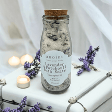 Load image into Gallery viewer, Anoint lavender and patchouli Bathsalts in a bottle